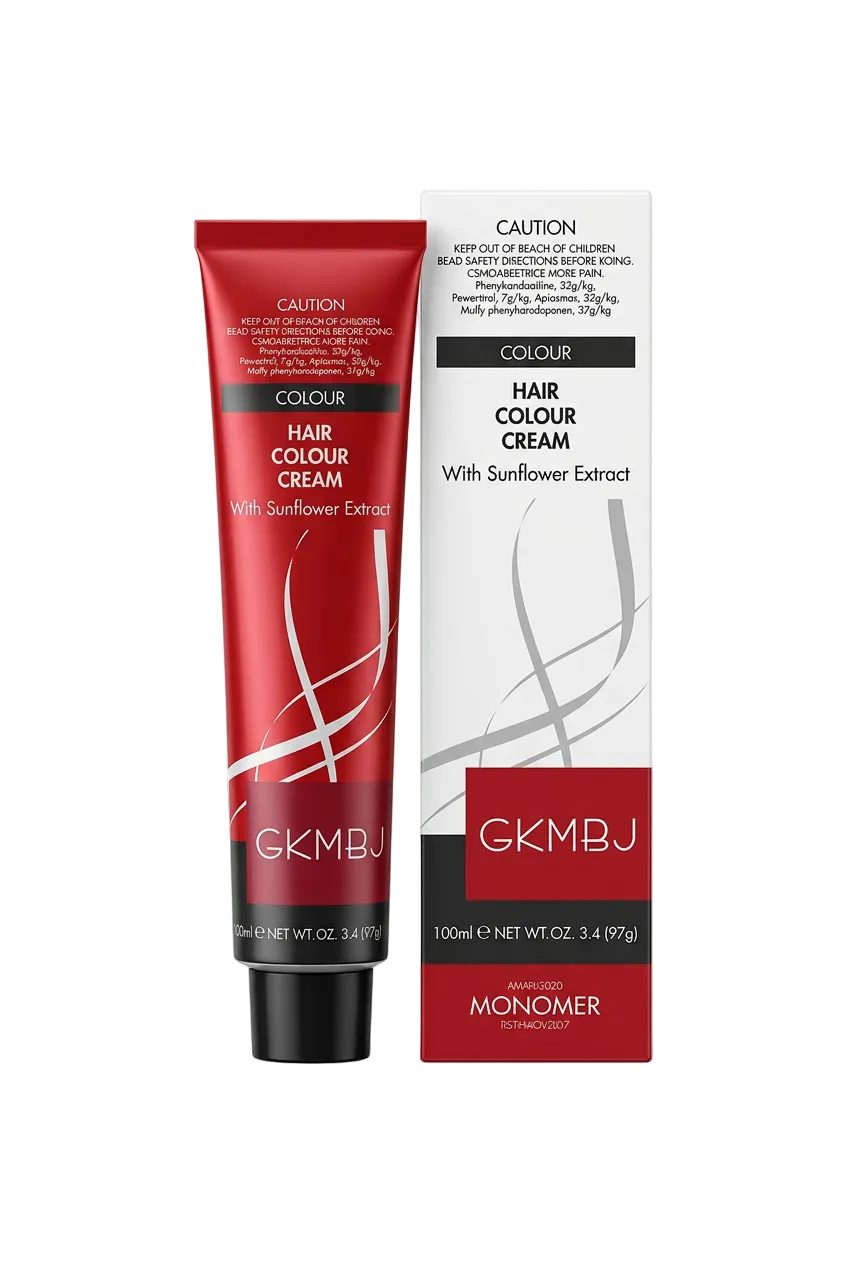 A tube of GKMBJ hair color cream with a red cap and red-and-black label, resting on top of its white and red retail box.